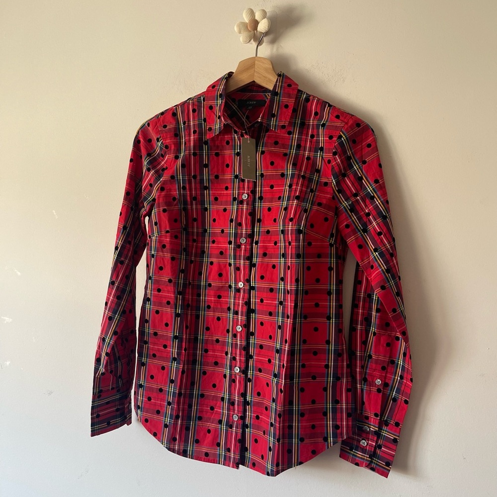 J. Crew Slim perfect shirt in Red Stewart Tartan  with velvet dots